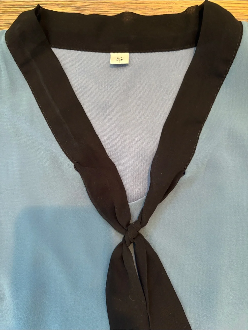 Blue Sleeveless Tie-Neck A-Line Dress with Black Trim